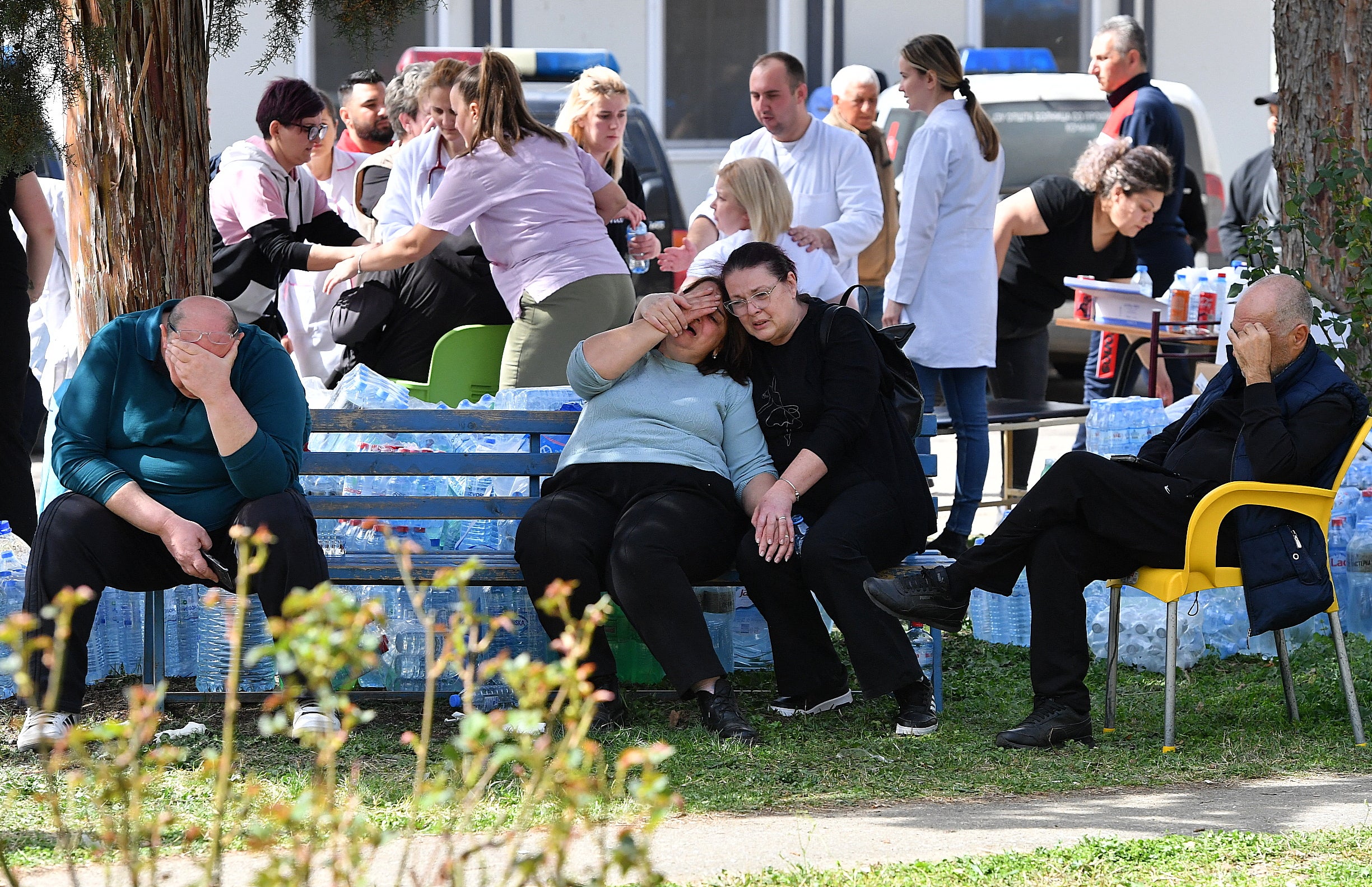 Relatives of the victims of an overnight fire in a crowded nightclub in North Macedonia, wait for news of their loved ones at the Kocani General Hospital in Kocani, on 16 March 2025