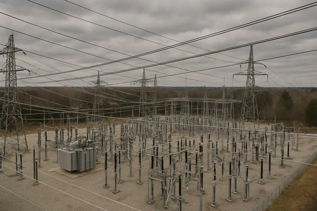 Aerial view of an electricity transformer station under cloudy skies, with wires and transmission lines stretching across the complex metal infrastructure.