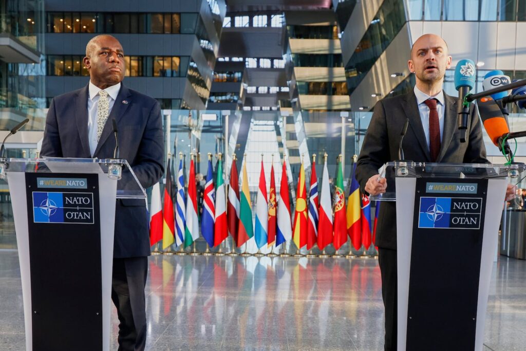 Britain's Foreign Secretary David Lammy, left, and French Foreign Minister Jean-Noel Barrot address the media during a meeting of NATO foreign ministers at NATO headquarters in Brussels, on April 4.