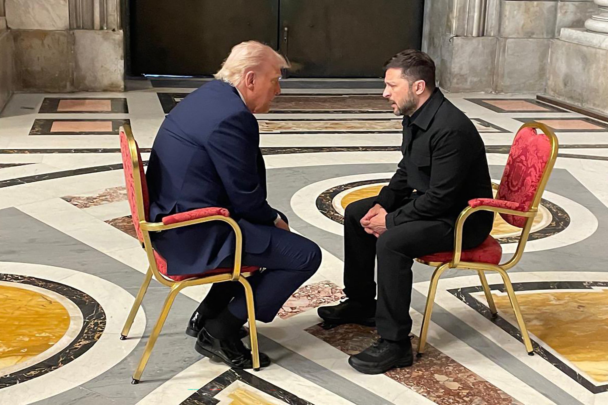 Ukraine's president Volodymyr Zelensky (R) meets with US President Donald Trump (L) on the sidelines of Pope Francis's funeral at St Peter's Basilica at The Vatican
