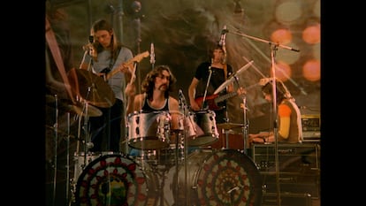 Montage of the four members of Pink Floyd playing in Pompeii: from left, David Gilmour, Nick Mason, Roger Waters and Richard Wright.