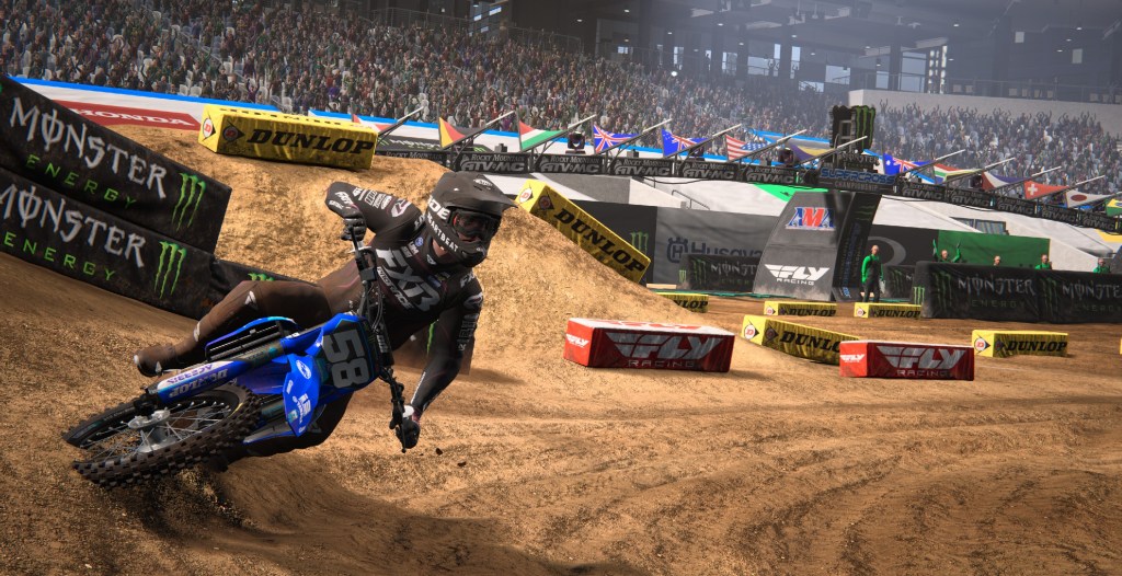 Taking a corner in Monster Energy Supercross 25