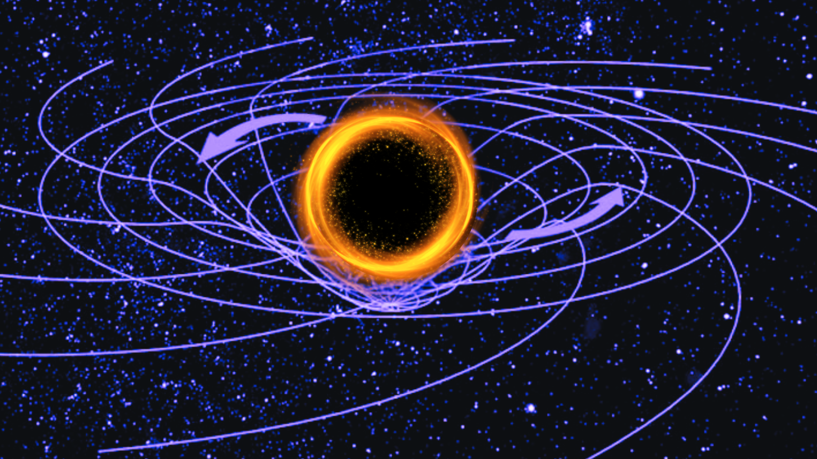 A black circle surrounded by a glowing orange ring, sitting within a warped blue frame