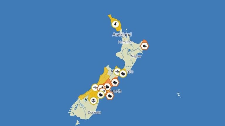 A map showing the areas affected by weather warnings.