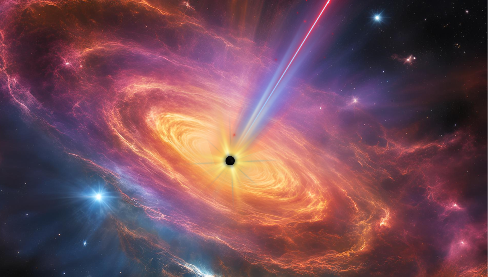 An illustration shows a quasar blasting out a jet at the center of which emerges a high-energy neutrino