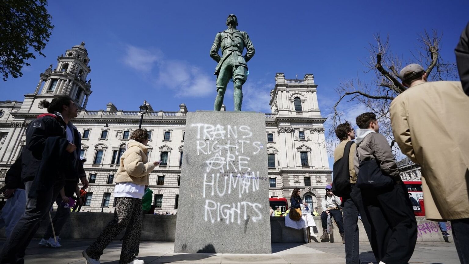Police appeal over 'senseless' damage  to seven statues during trans rights rally in London