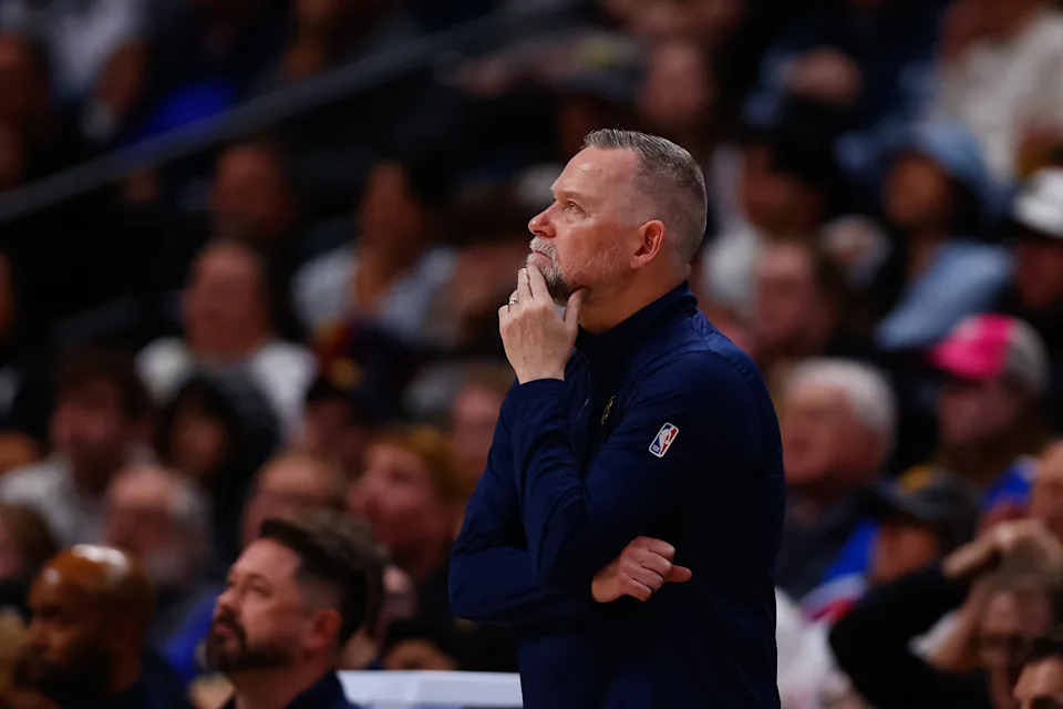 DENVER, CO - APRIL 6:  Head Coach Michael Malone reacts on the sidelines during the fourth quarter against the Indiana Pacers at Ball Arena on April 6, 2025 in Denver, Colorado. NOTE TO USER: User expressly acknowledges and agrees that, by downloading and or using this photograph, User is consenting to the terms and conditions of the Getty Images License Agreement.  (Photo by Justin Edmonds/Getty Images)