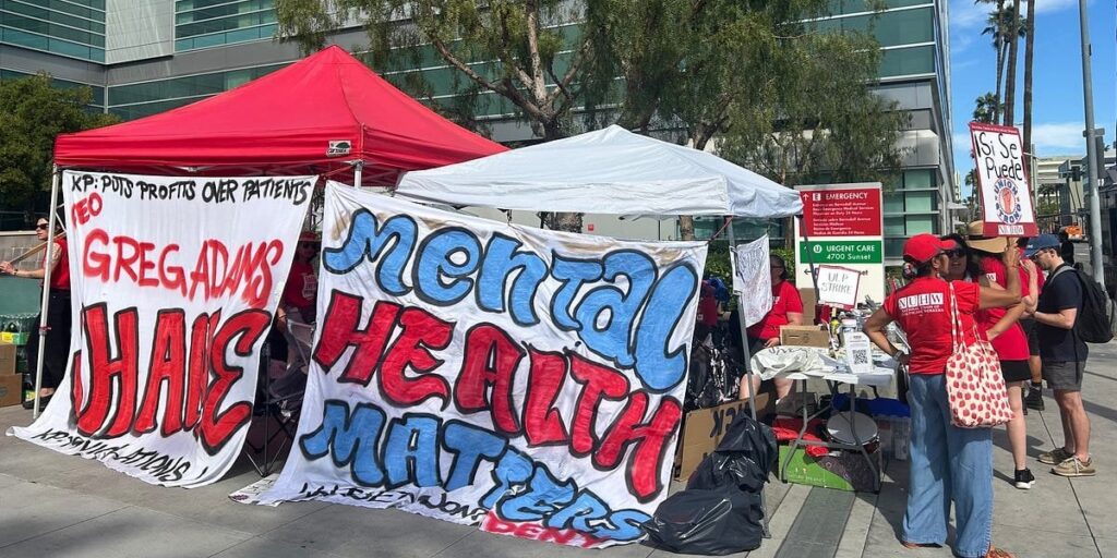In California, human mental health workers are on strike over the issue of their employers using AI to replace them.