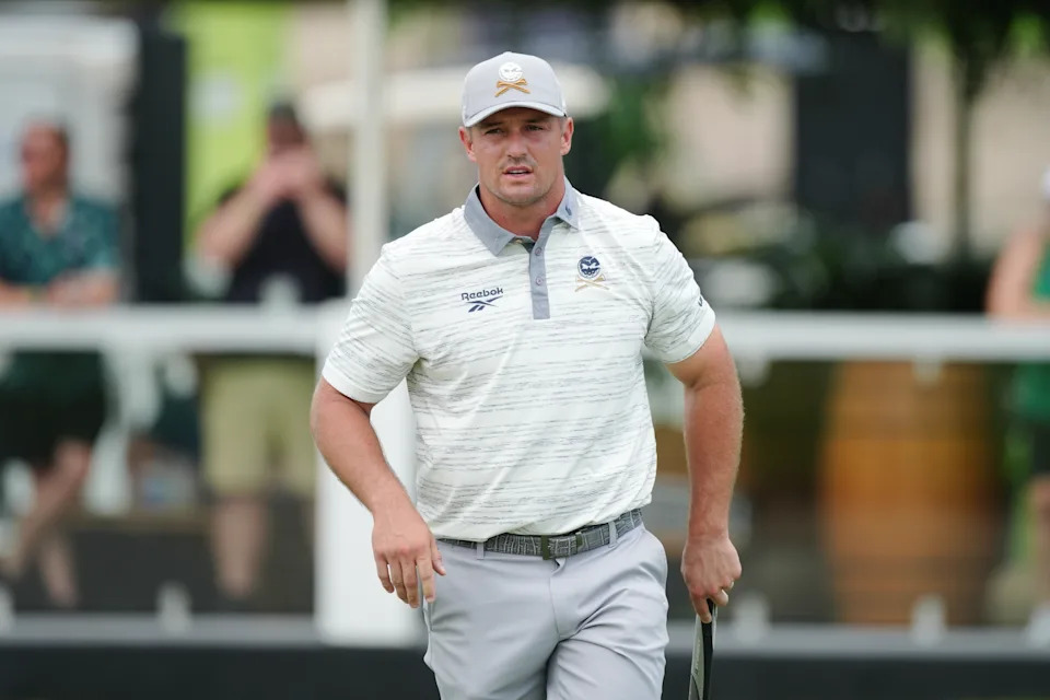 SINGAPORE, SINGAPORE - MARCH 14: Bryson DeChambeau of Crushers GC reacts on 17th hole putting green on day one of LIV Golf Singapore at Sentosa Golf Club on March 14, 2025 in Singapore, Singapore. (Photo by Thananuwat Srirasant/Getty Images)