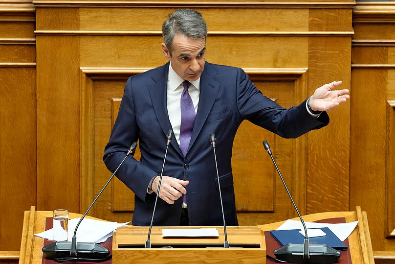 Greek Prime Minister Kyriakos Mitsotakis speaks during a presentation of military spending plans at the Greek Parliament in Athens, 2 April, 2025