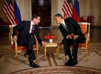 U.S. President Barack Obama during talks with Russian President Dmitry Medvedev one day before signing the New START treaty
