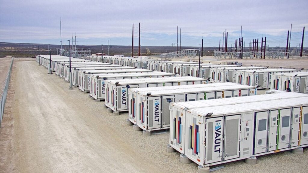 Energy Vault B-Vault battery storage units at a project site in Texas, US. Transmission infrastructure can be seen in the background.