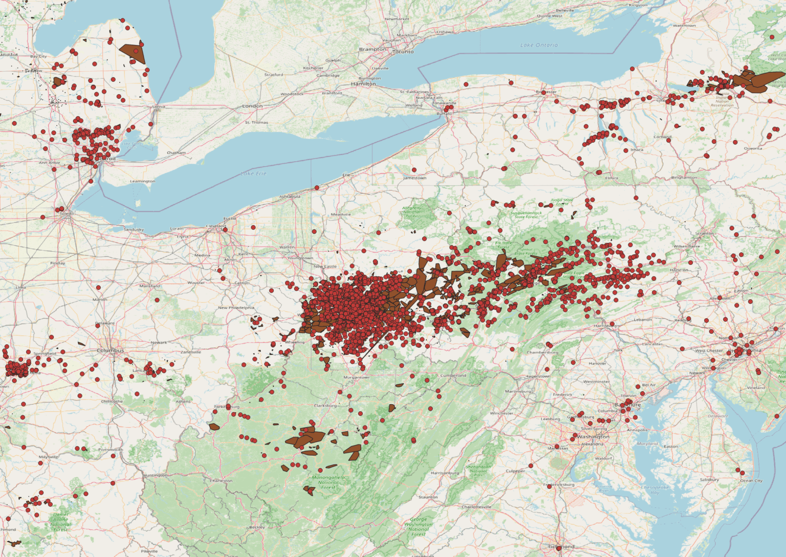 [OC] Geospatial representation of the current 500k power outages in Pennsylvania.