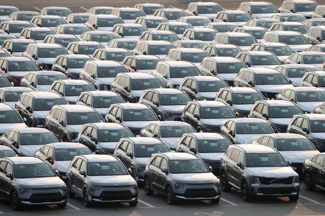 Vehicles produced by South Korean automaker Kia Motors are lined up ready to be shipped at the Port of Pyeongtaek on April 3.