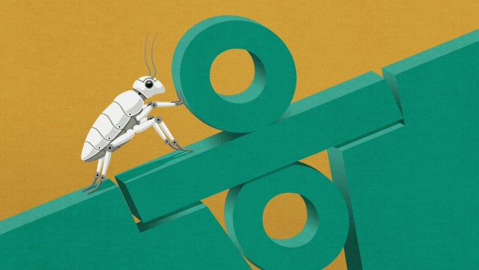 Finding ‘cockroach stocks’ amid the economic mire Illustration of a robotic cockroach pushing a percentage symbol uphill