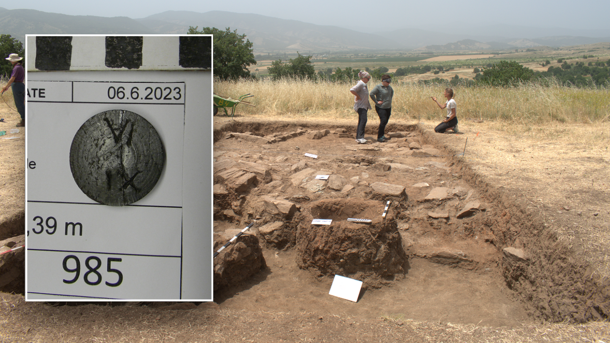 Split image of coin and excavation site