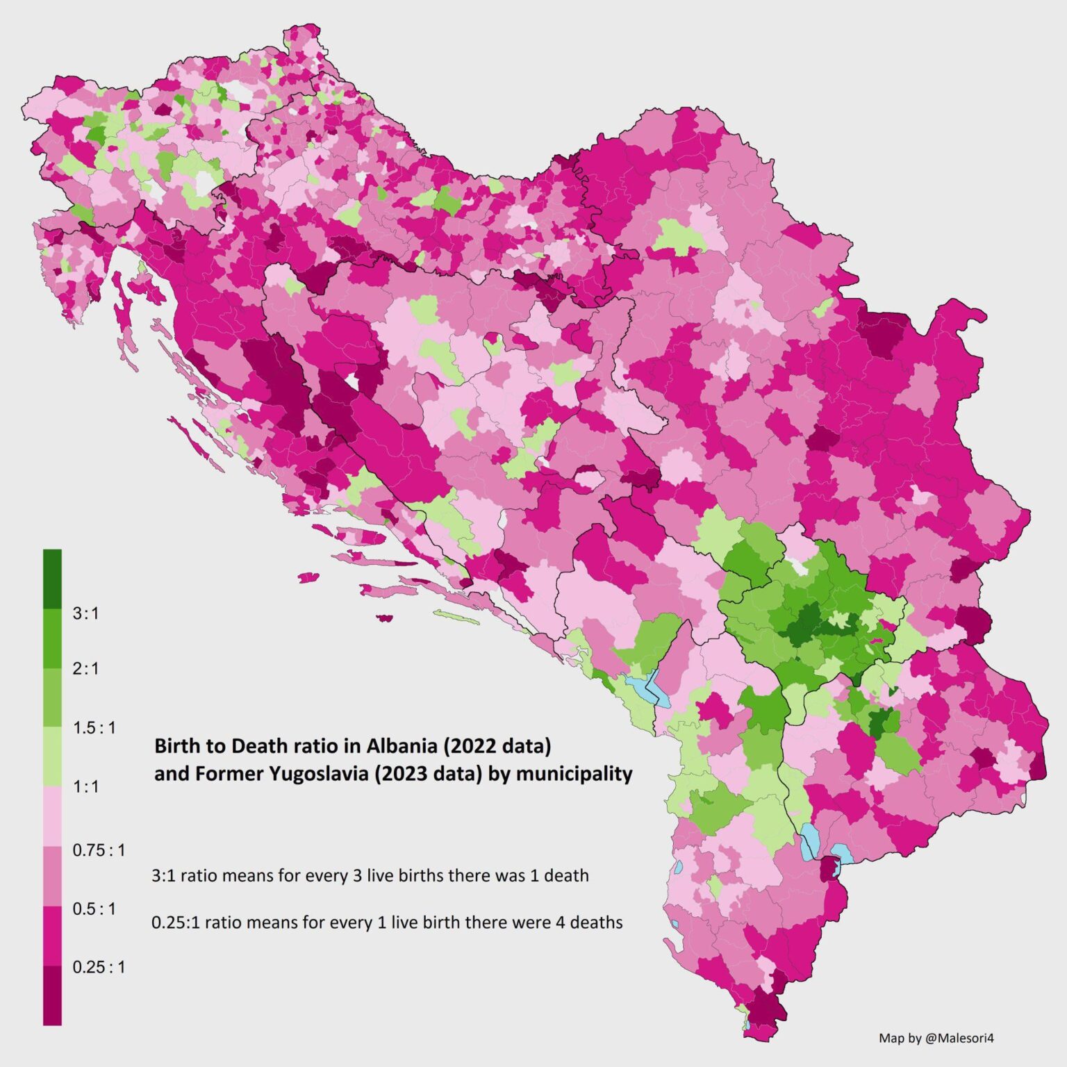 The relationship of births and deaths in municipalities in the Western Balkan countries
