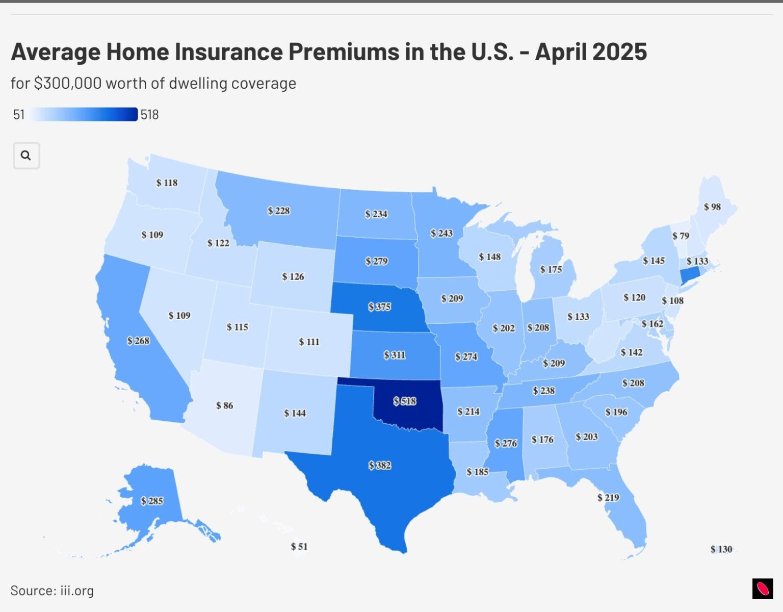 Average Home Insurance Premiums in the U.S. by State - April 2025