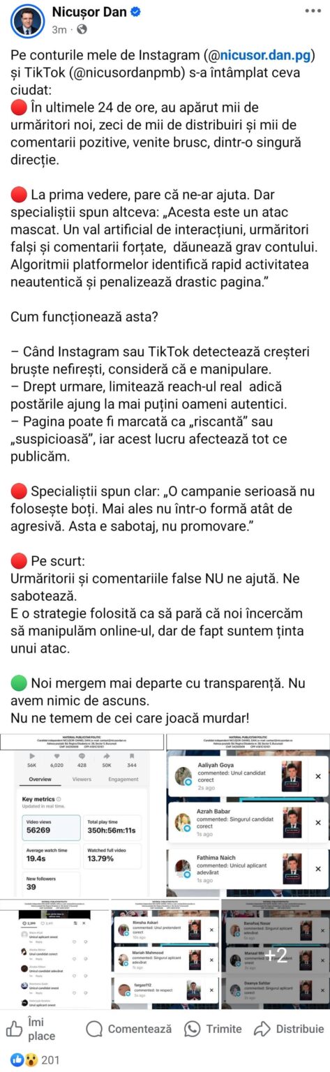 Nicusor's online campaign is affected by Boti