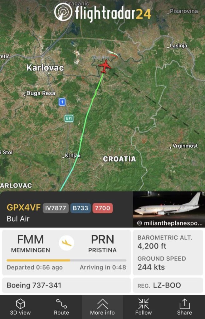 Memmmengen - Pristina travel plane announces an emergency over Croatia