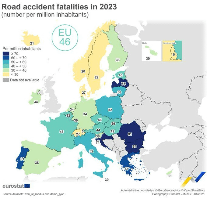 Greece in the five countries, with the most fatal traffic for 2023. The map was released today by Eurostat.