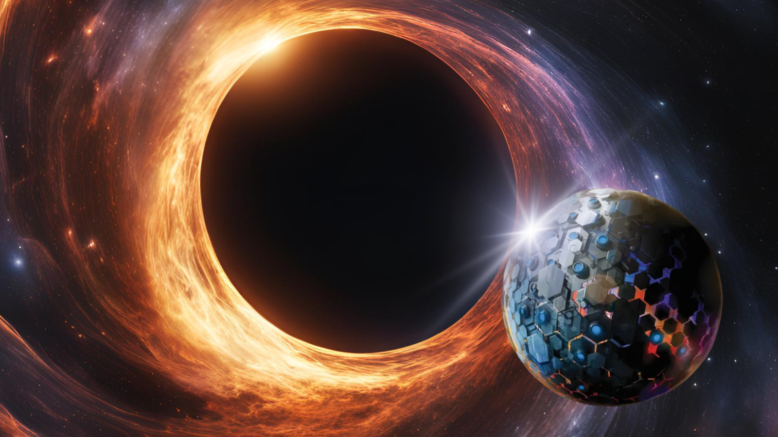 A black circle surrounded by a glowing orange ring next to a smaller silver orb with machinery at its surface