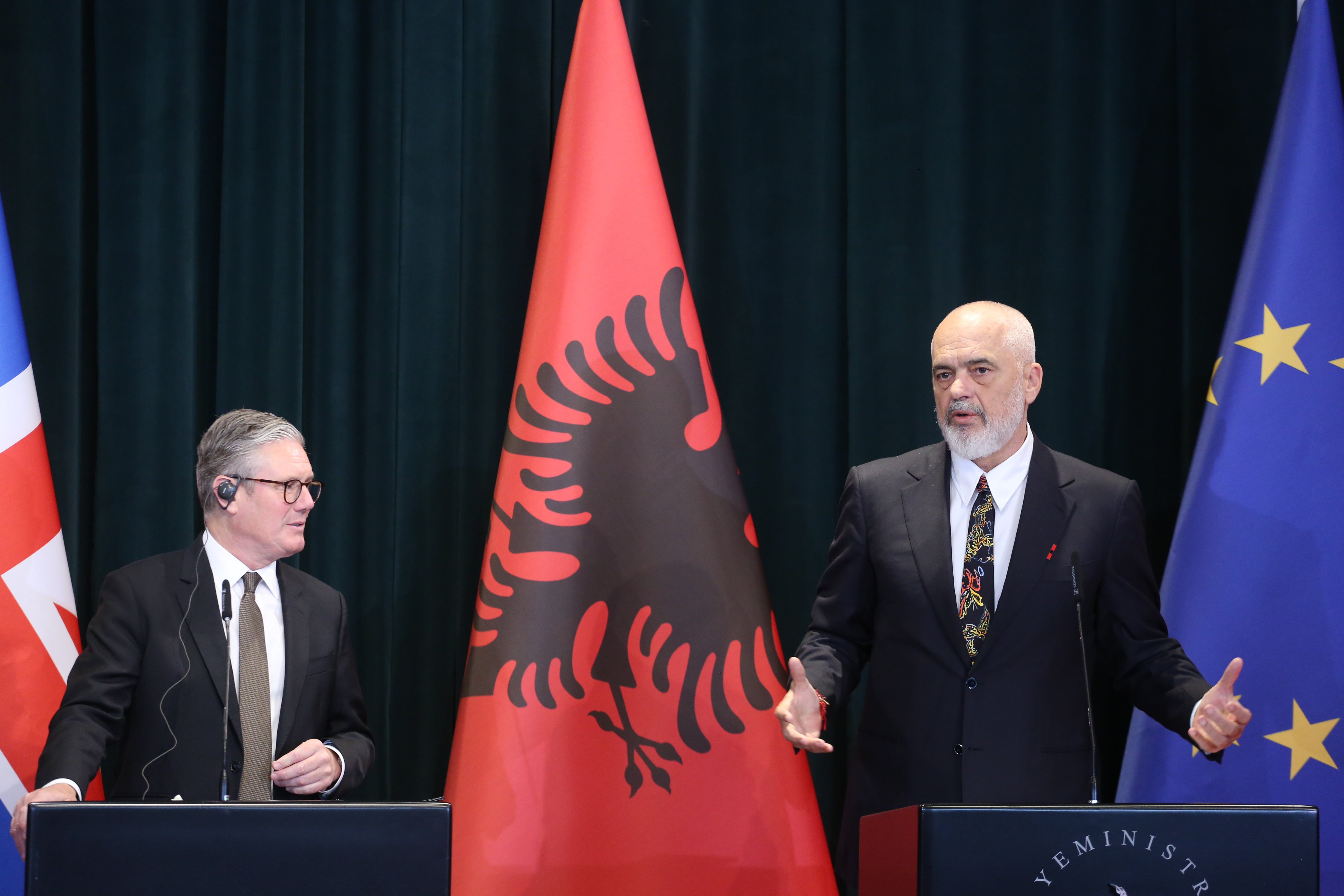 Keir Starmer and Edi Rama at a joint press conference in Tirana.
