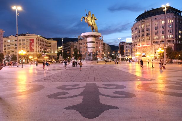 Alexander Statue on Place Macedonia at dusk, Skopje, North Macedonia