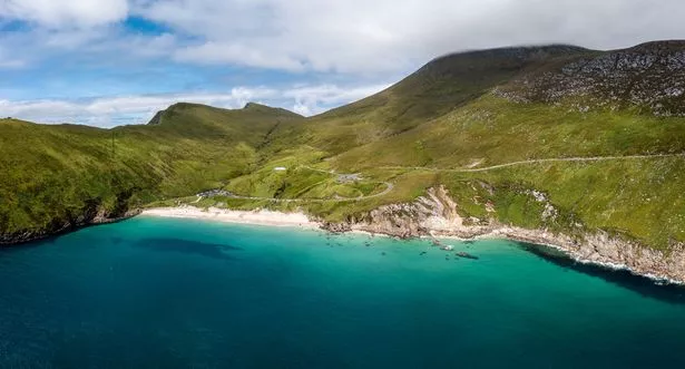 View of the picturesque Keem Bay and beach on Achill Island in Co Mayo
