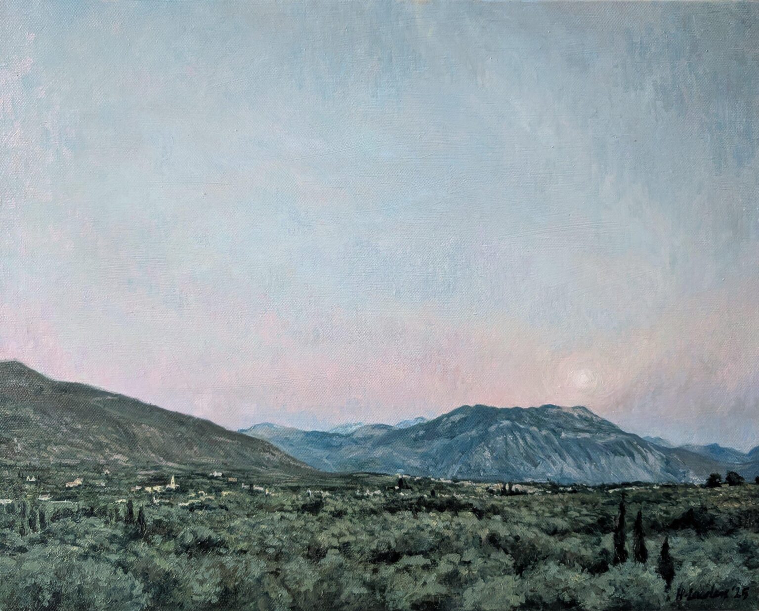 My oil painting of the moon rising over olive groves just outside Kalamata in Greece