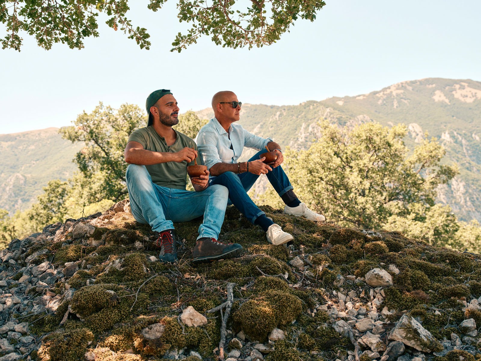 Two men sit on a rocky, mossy hill under a tree, enjoying drinks and chatting. They are surrounded by greenery and mountains in the background on a clear, sunny day.