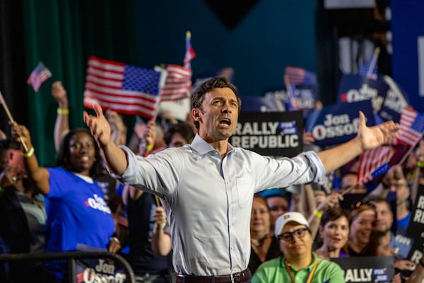 U.S. Sen. Jon Ossoff, a Georgia Democrat, holds a “Rally for the Republic” at The Eastern on Saturday, March 22, 2025.  (Jenni Girtman for The Atlanta Journal-Constitution)