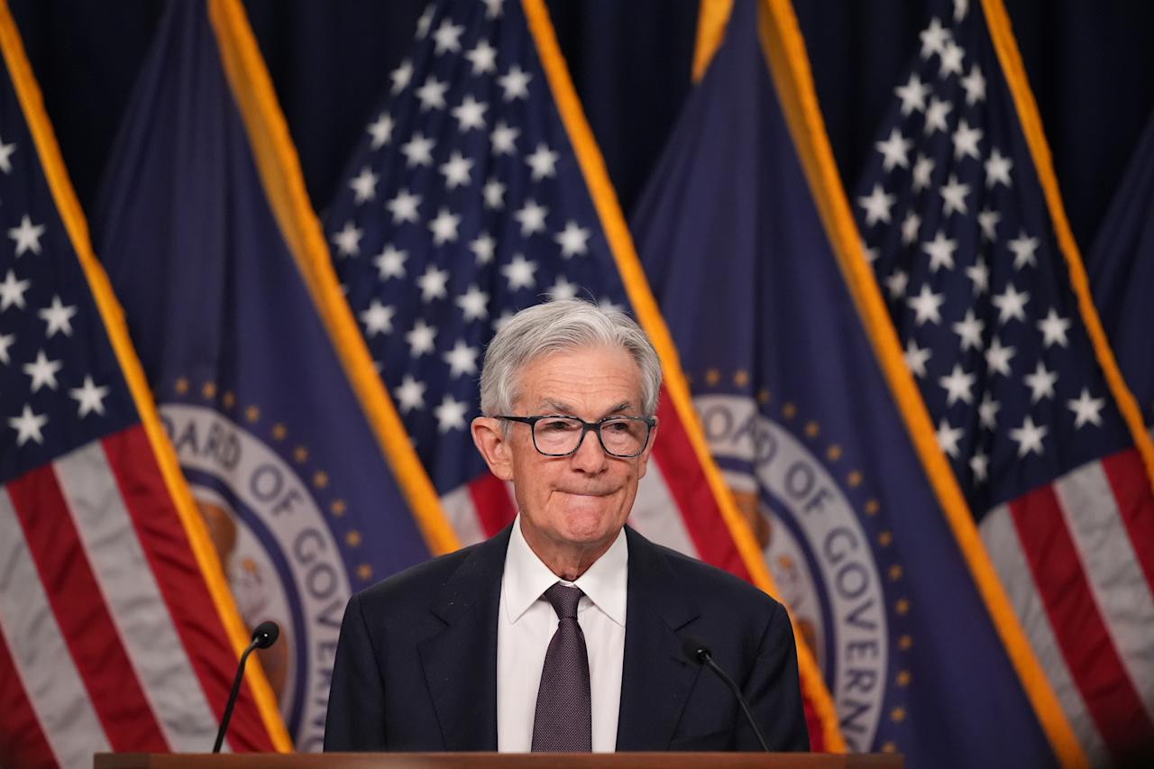 WASHINGTON, DC - MAY 07: Federal Reserve Chair Jerome Powell pauses while speaking during a news conference following a Federal Open Market Committee meeting at the William McChesney Martin Jr. Federal Reserve Board Building on May 7, 2025 in Washington, DC. Powell spoke to members of the media after the Federal Reserve released a statement holding interest rates steady at 4.25%-4.5%. (Photo by Andrew Harnik/Getty Images)