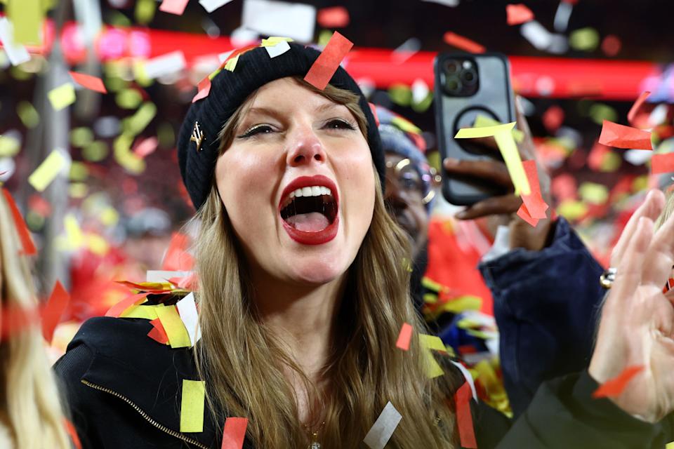 Taylor Swift celebrates after the Chiefs won the 2025 AFC Championship game.Mark J&period; Rebilas-Imagn Images