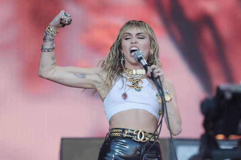 American singer Miley Cyrus performs on the Pyramid stage at Glastonbury Music Festival in 2019. File Photo by Hugo Philpott/UPI