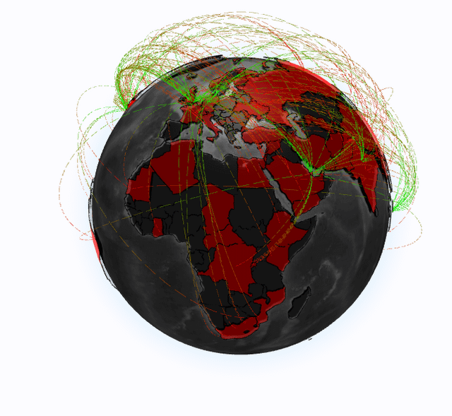 [OC] Countries related to or mentioning “Trump” and “conflict” in global news over the past 48 hours, visualized geospatially with arcs and polygon heatmap.