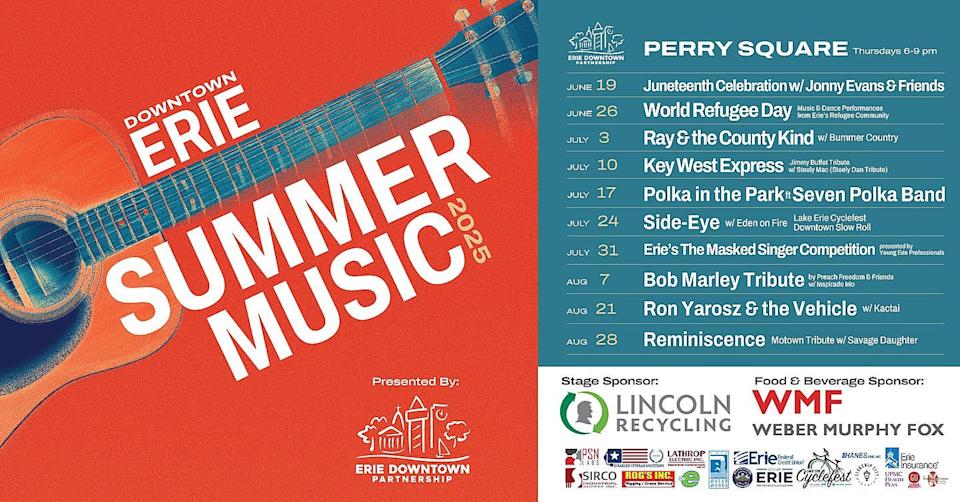 The Erie Downtown Partnership has announced the lineup for a series of summer 2025 concerts in Perry Square.