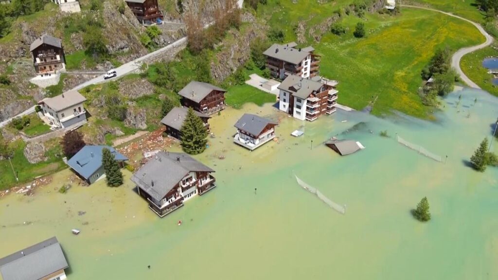 Aerial footage shows the aftermath of the Blatten glacier collapse in Switzerland