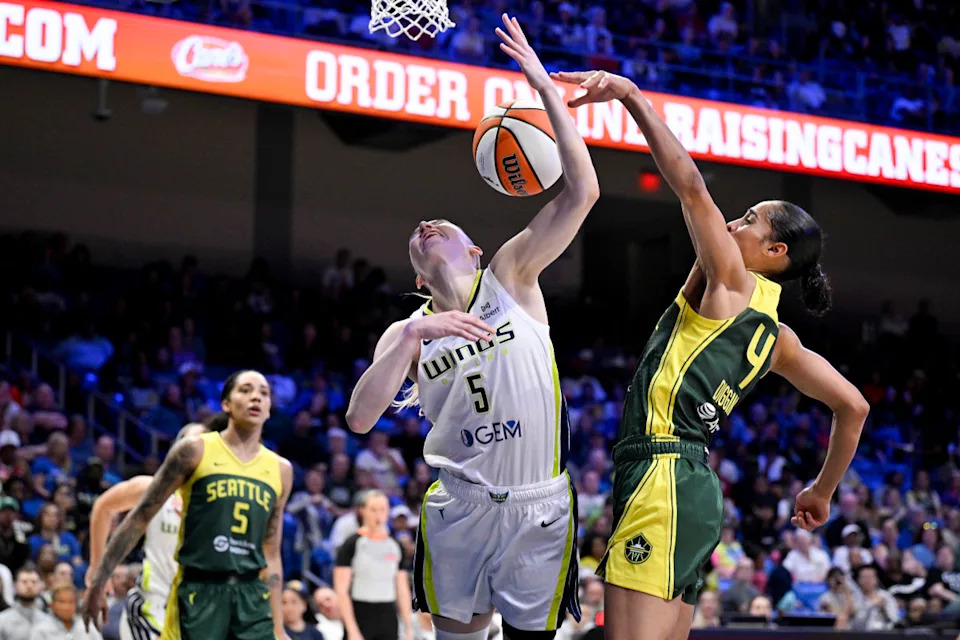 Seattle Storm guard Skylar Diggins and Dallas Wings guard Paige Bueckers during the first half at College Park Center. Mandatory Credit&colon; Jerome Miron-Imagn Images