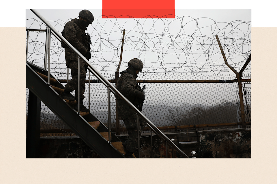 South Korean soldiers patrol at a border guard post 