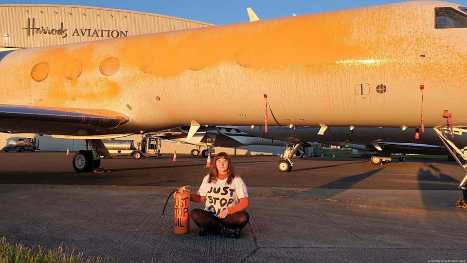 Just Stop Oil climate activists were arrested in 2024 after cutting through a fence at a London airport and spray-painting a private jet<span class="copyright">Just Stop Oil via AP/picture alliance</span>