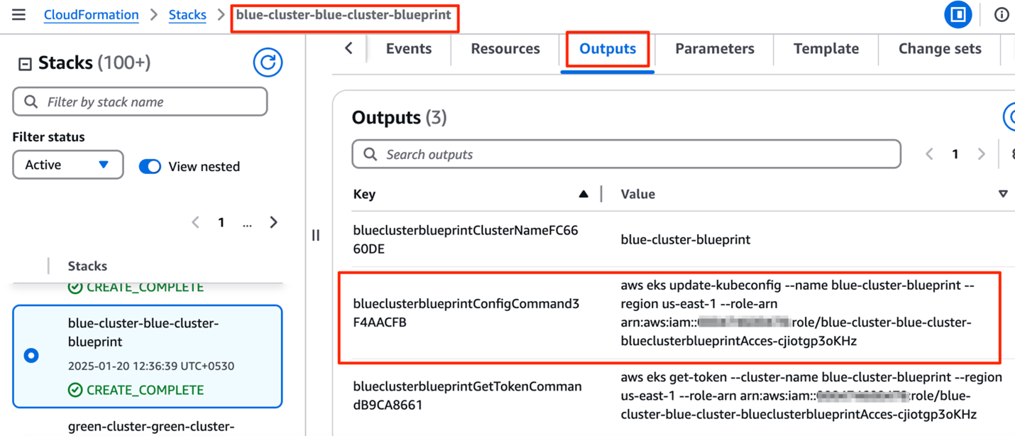 Figure 8: CloudFormation stack output for EKS Blue cluster
