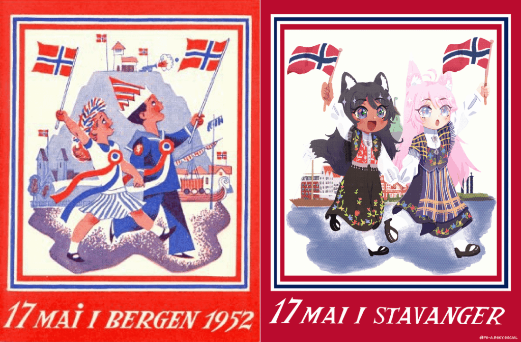 This might be a bit heretical, but I commissioned a manga style artist to redraw this postcard from 1952 with me and my partner’s characters in our respective bunads. Can you tell where we are from? This might be a bit heretical, but I commissioned a manga style artist to redraw this postcard from 1952 with me and my partner's characters in our respective bunads. Can you tell where we are from?