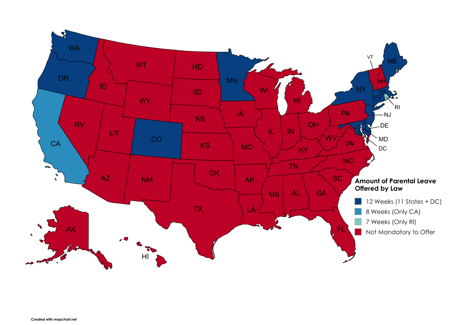 [OC] Amount of Parental Leave Employers are Mandated to Offer by U.S. State
