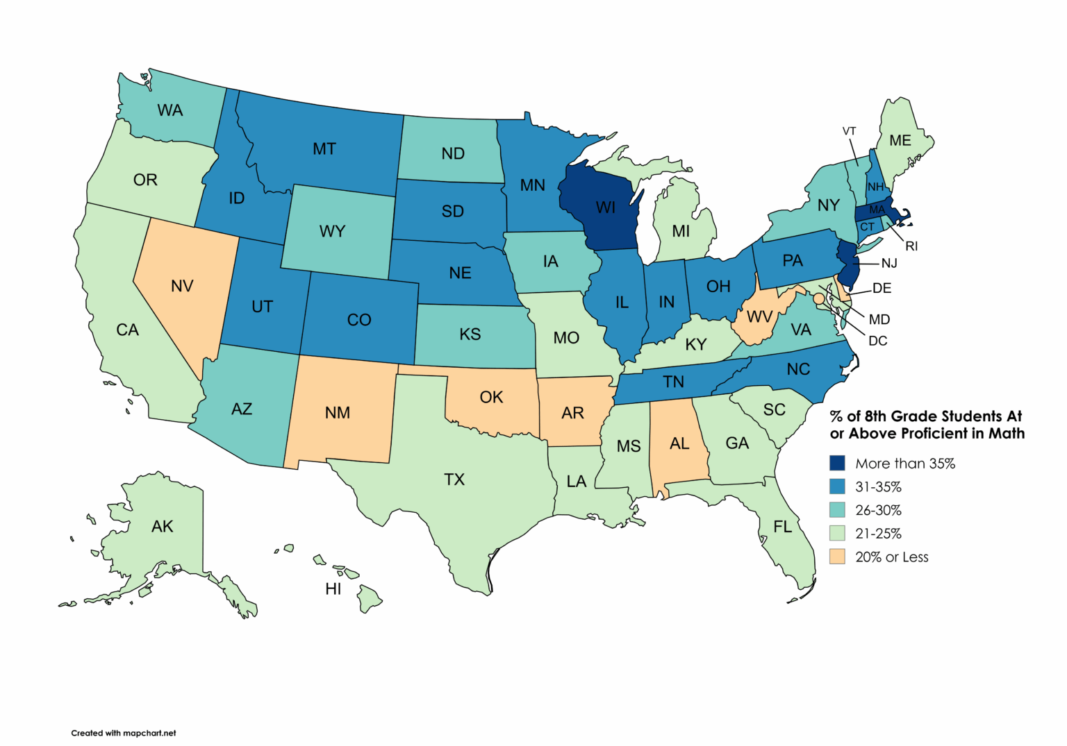[OC] Where Students Can Count - % of 8th Grade Students At or Above Proficient in Math by State (NAEP Scores 2024)