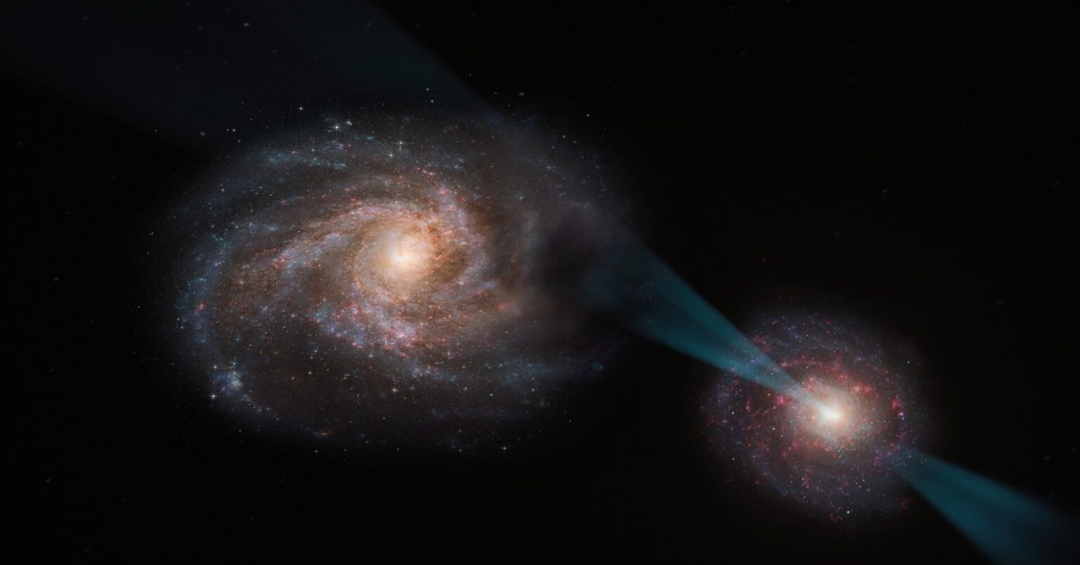 Two galaxies seen in a 'joust' preceding a cosmic mega-merger