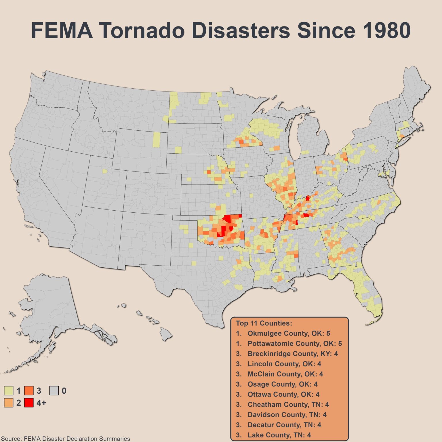 [OC] FEMA Tornado Disasters Since 1980