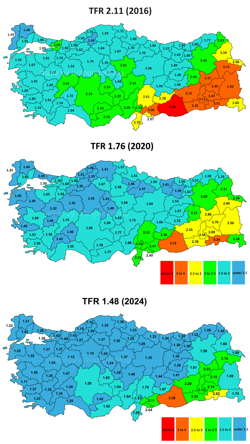 Collapsing Turkish Fertility Rates, from 2.11 to 1.48 in 8 years. [OC]