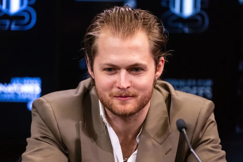 Toronto Maple Leafs right wing William Nylander (88) speaks to the media following the team win against the Ottawa Senators in game six.Mandatory Credit&colon; Marc DesRosiers-Imagn Images