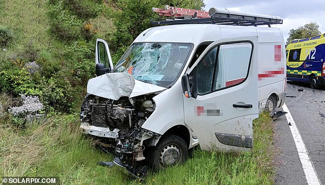 Pictures from the crash scene showed a white van with its front smashed in by the side of the road next to the motorbike across the tarmac